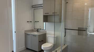 Combined shower/tub, hair dryer, towels