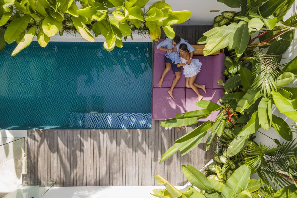 A rooftop pool area with a wooden deck, surrounded by lush green plants.