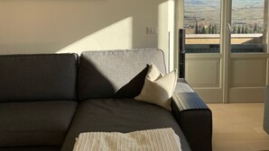 Una sala de estar con un sofá gris, un cojín blanco y un cuadro en la pared.