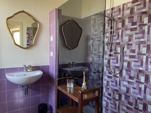 Shower, hair dryer, bidet, towels