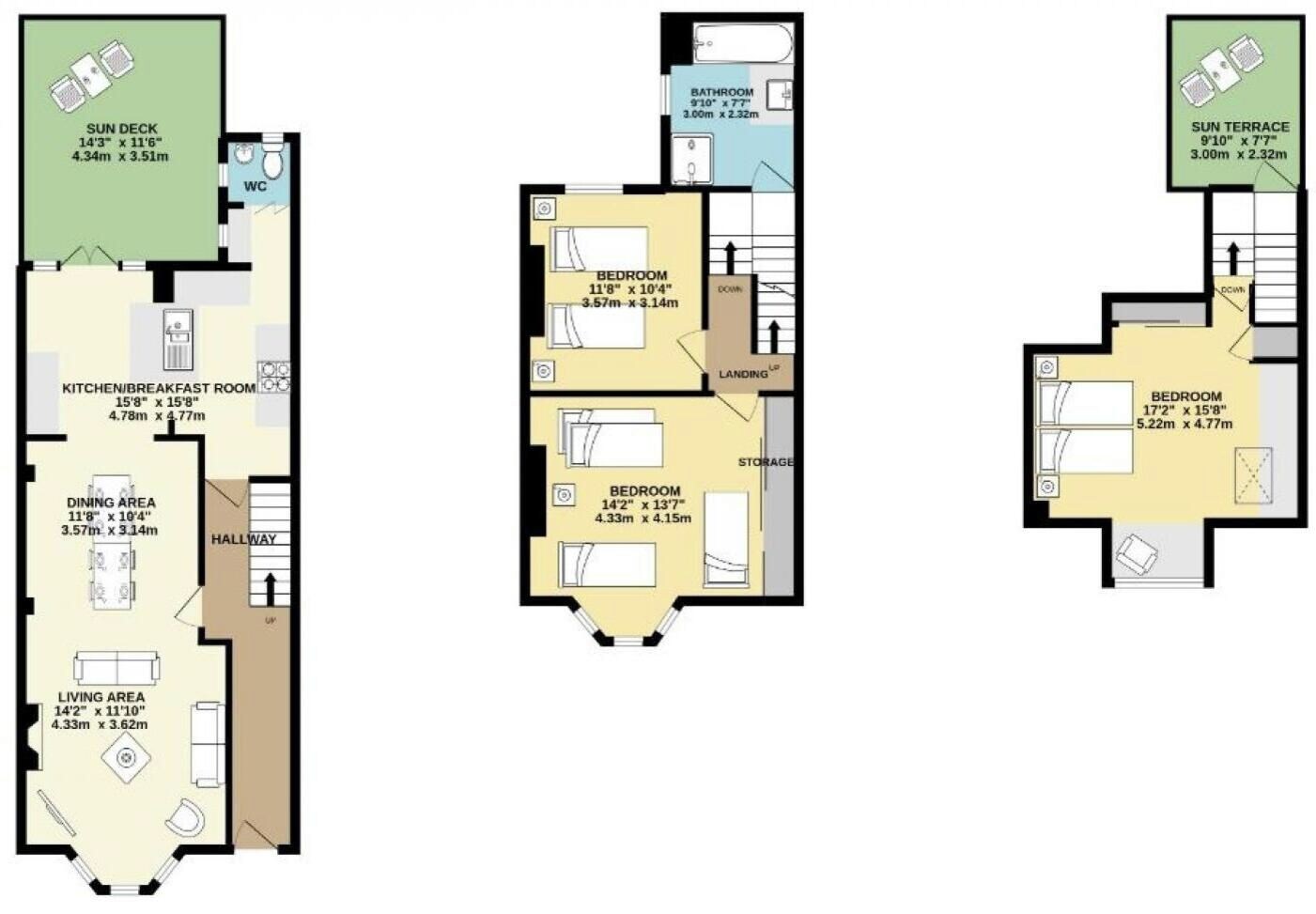 A floor plan with a sun deck, kitchen, dining area, living area, two bedrooms, a bathroom, and a landing.