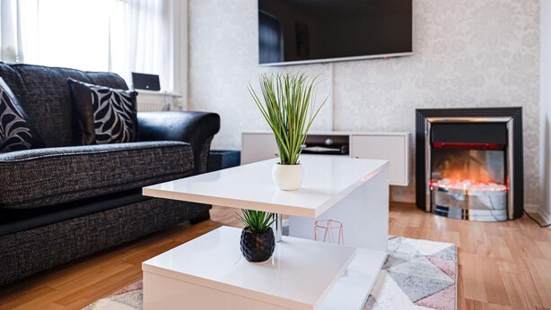 A modern living room with a sofa, a coffee table with a plant, a flat-screen TV, and a fireplace.