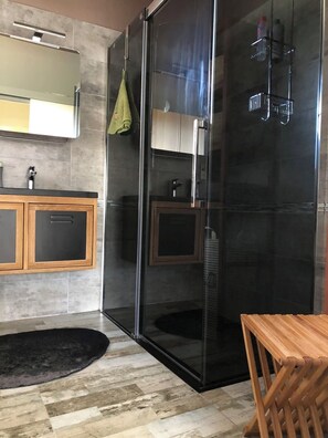 Shower, hair dryer, towels
