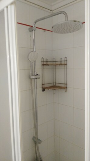 Shower, hair dryer, towels, toilet paper