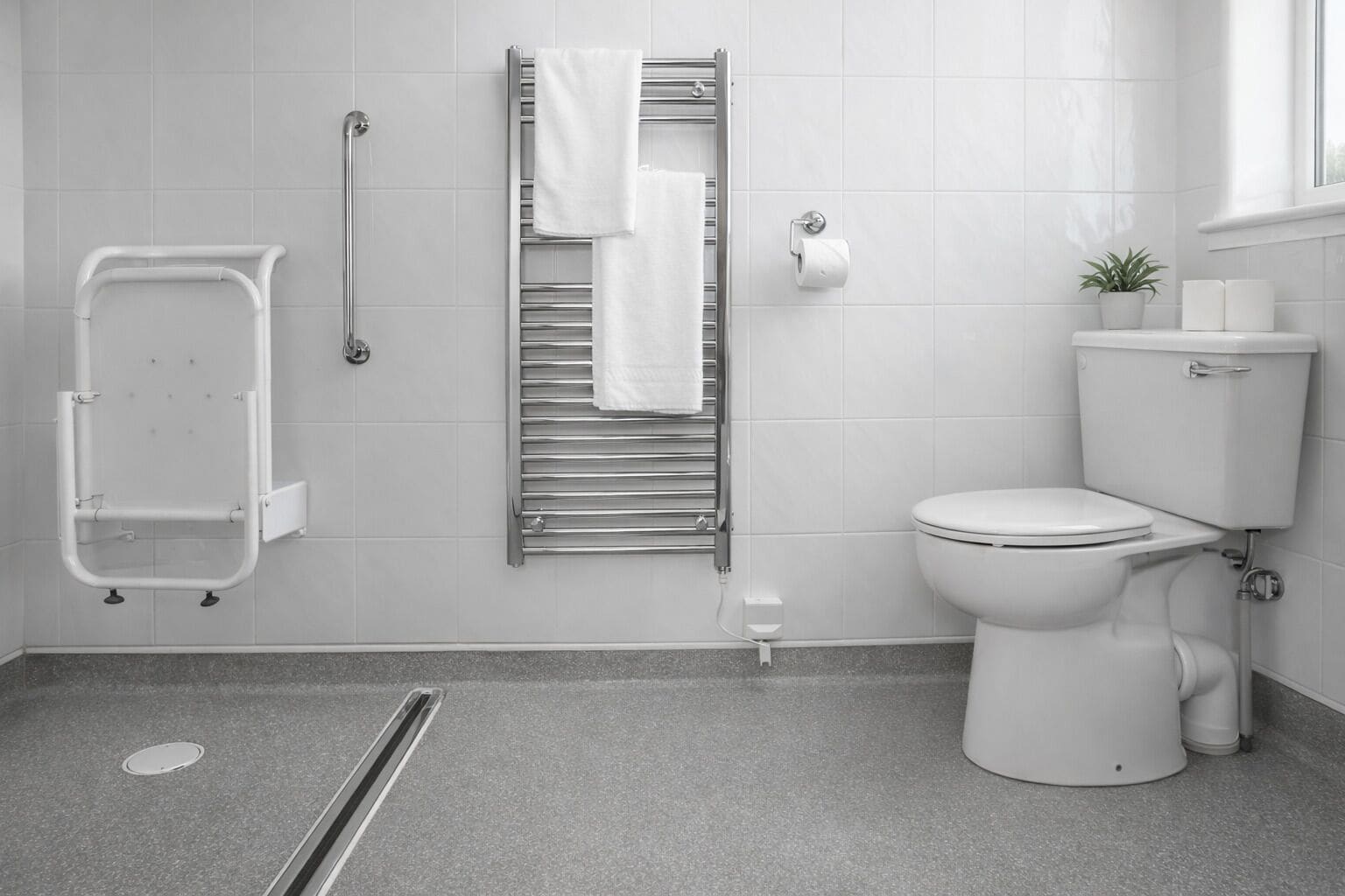 Un baño moderno con inodoro, ducha con barra de apoyo, toallero y una pequeña planta en maceta.