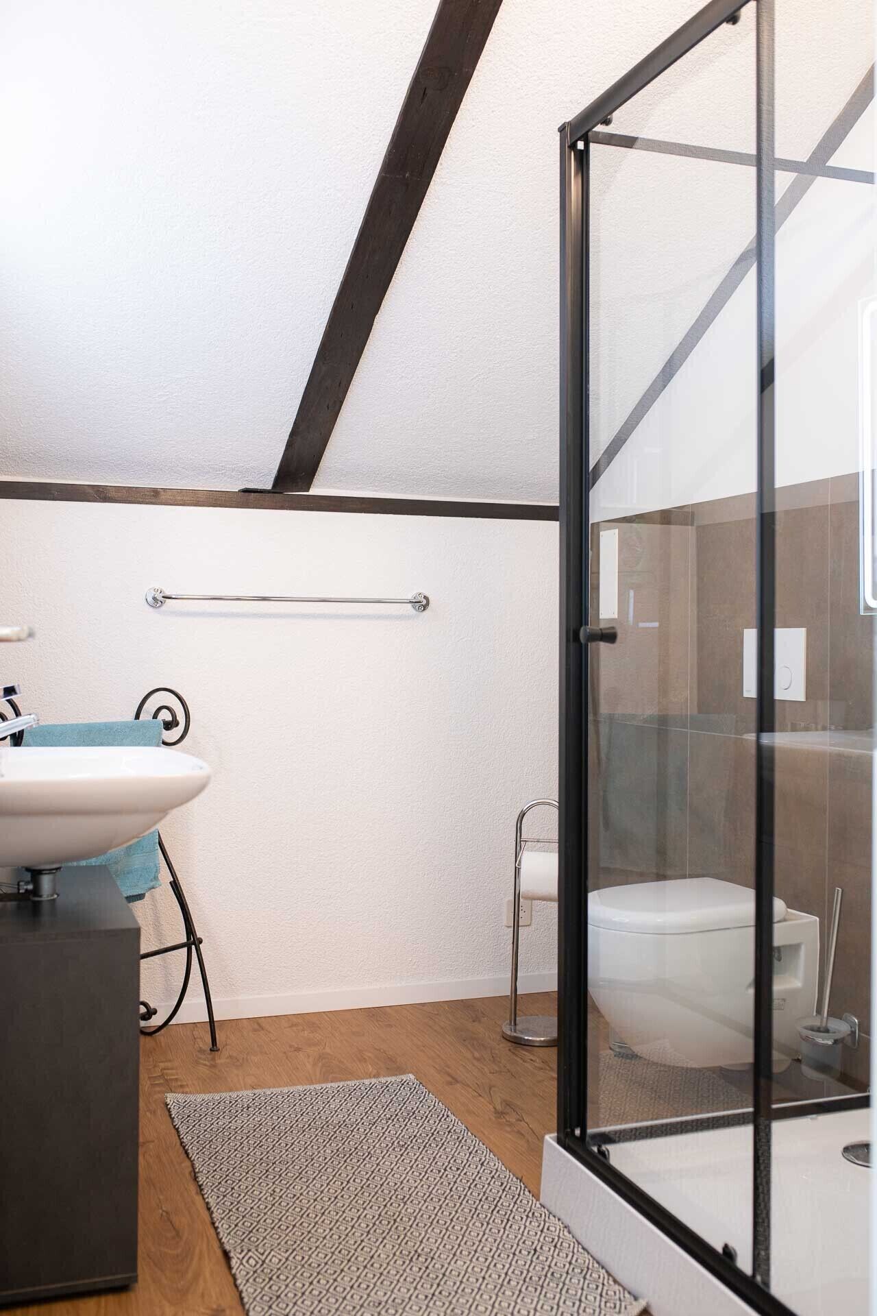 Ein modernes Badezimmer mit Duschkabine aus Glas, einem weißen Waschbecken und einem Handtuchhalter.