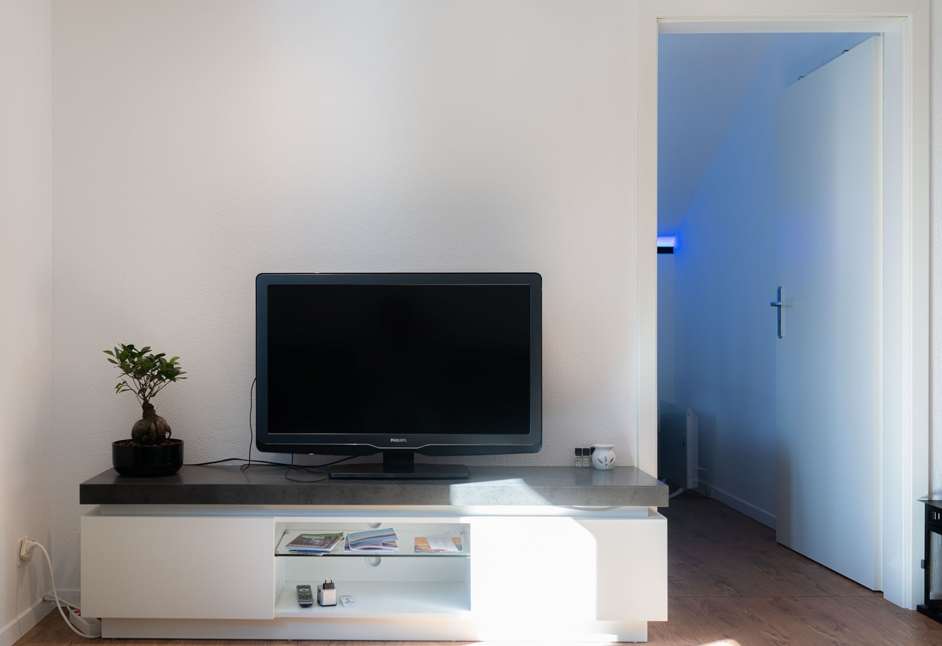 Ein modernes Wohnzimmer mit einem Flachbildfernseher auf einem weißen Schrank, einer kleinen Topfpflanze und einer Tür zu einem weiteren Raum.