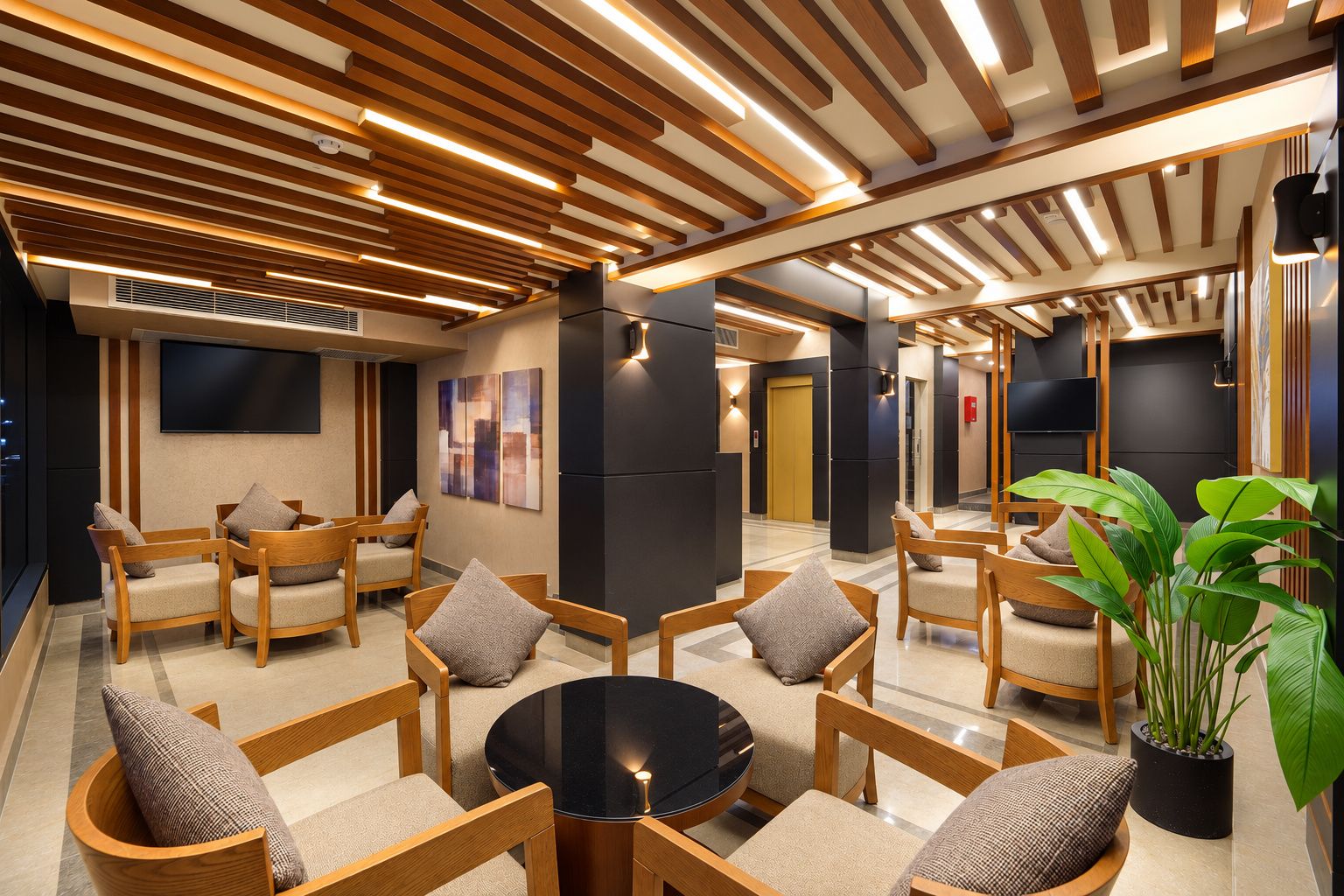 A modern lounge area with wooden furniture, a round black table, and a large potted plant.
