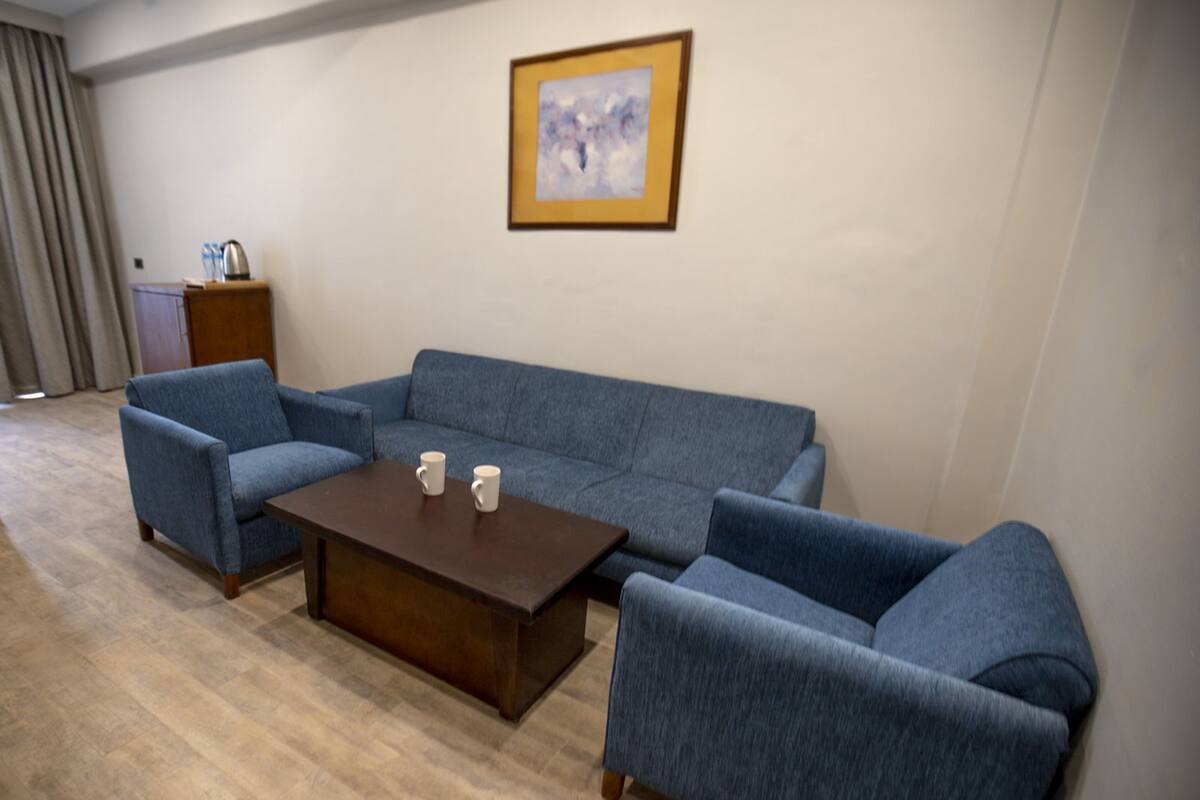 A room with a blue sofa set, a wooden coffee table, and a framed picture on the wall.