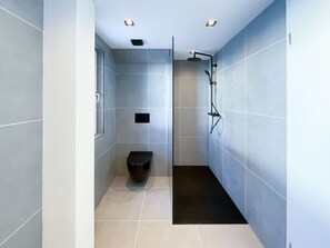 Regadera, secadora de cabello, jabón, papel de baño 