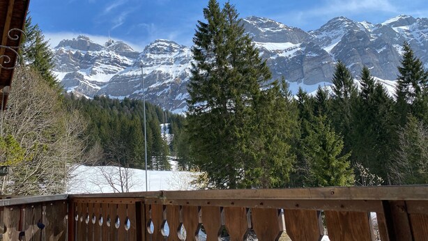 A mountain view from a wooden deck with snow-covered peaks and dense forest in the background. - Apartment with garden at the foot of the Säntis (Urnäsch)