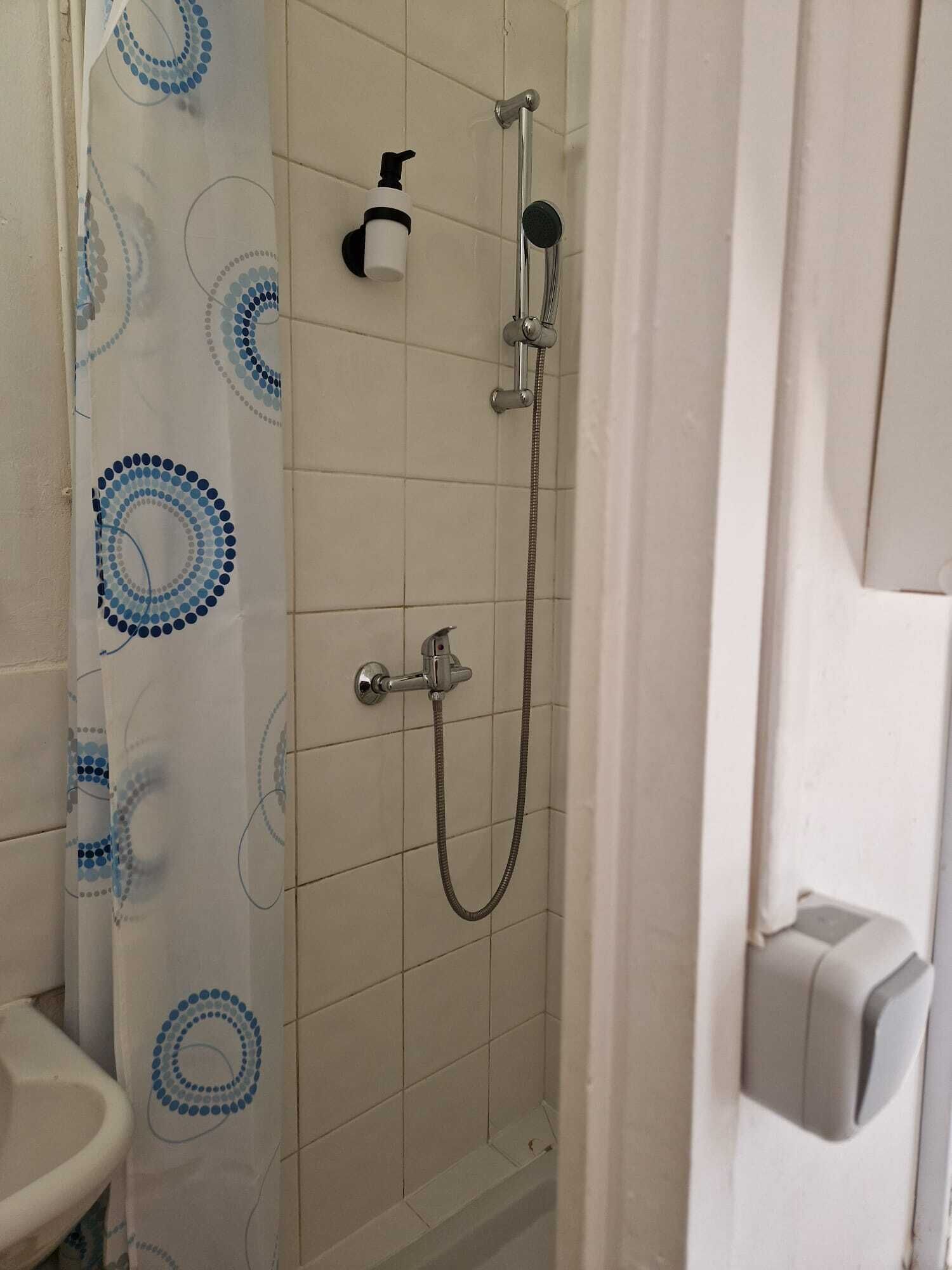 Een douche met een handdouche en een kraan op de muur.