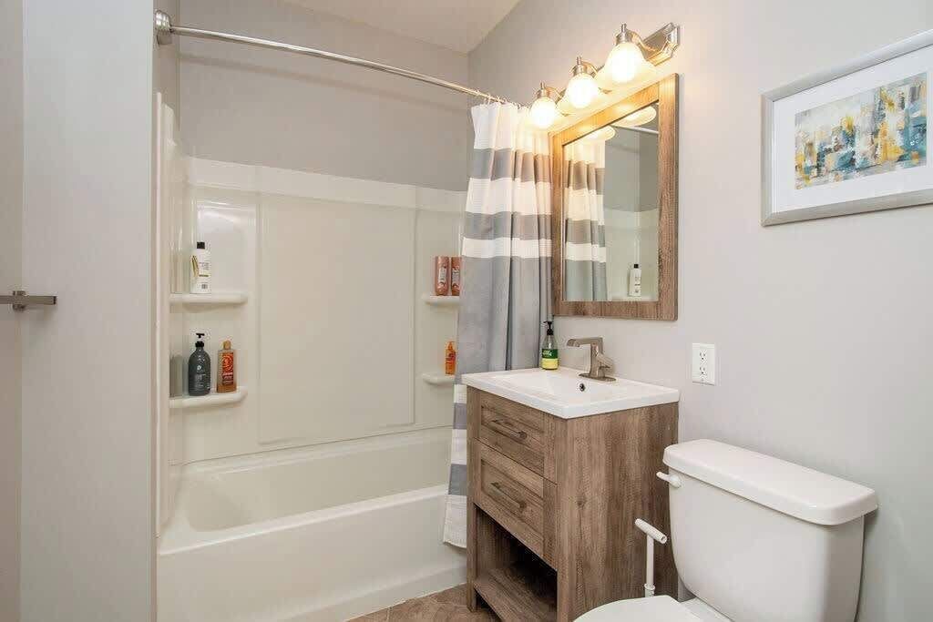 Bathtub, hair dryer, towels, shampoo