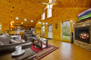 Smart TV, fireplace, video games, DVD player