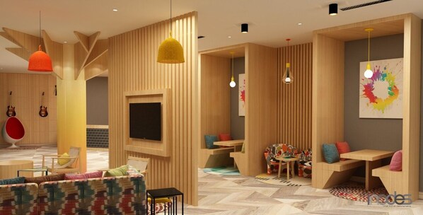 A modern interior with a wooden panel wall, a TV mounted on it, and a colorful abstract painting on the wall.