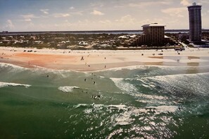 On the beach, sun loungers, beach towels