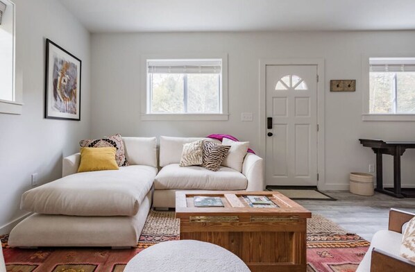 TV, fireplace, books