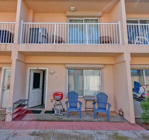 Enjoy outdoor seating on the ground floor, with a balcony above.