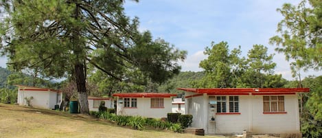 A row of small, single-story cabins with red roofs and white walls, surrounded by trees and grassy terrain.