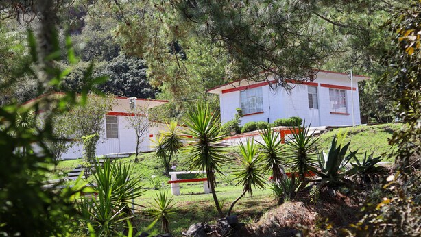 Un edificio blanco con techo rojo, rodeado de abundante vegetación y árboles.