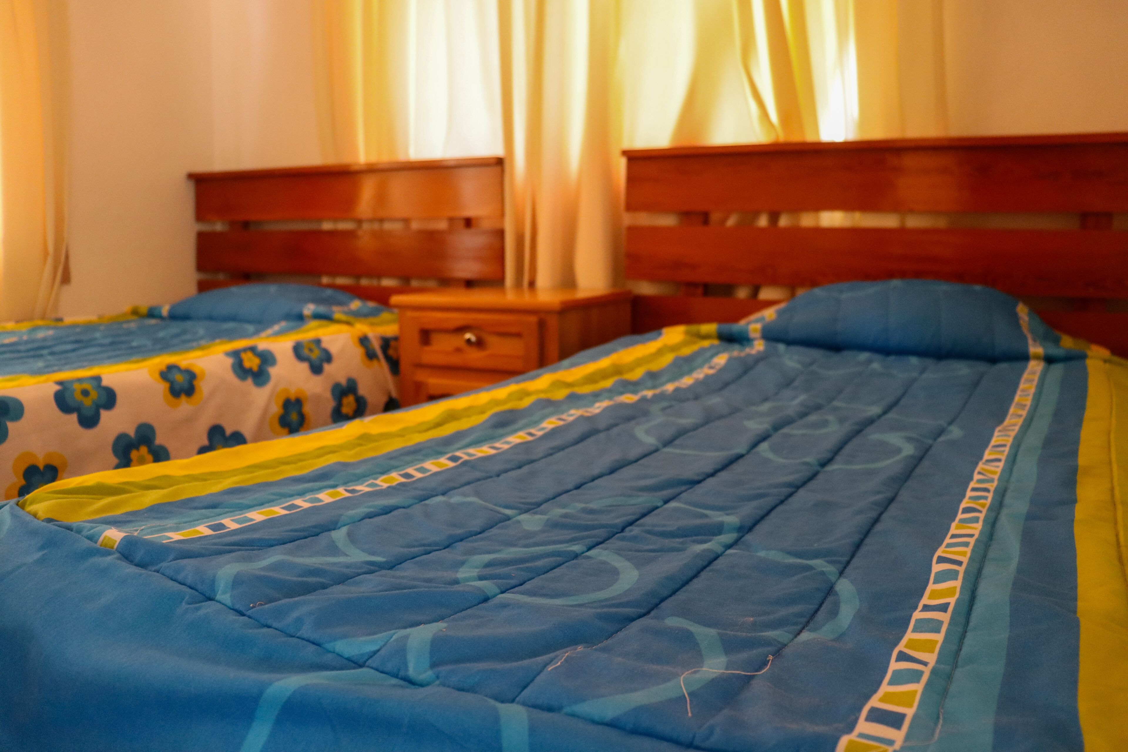 Camera da letto con due letti, ciascuno con una coperta a fiori blu e gialla.