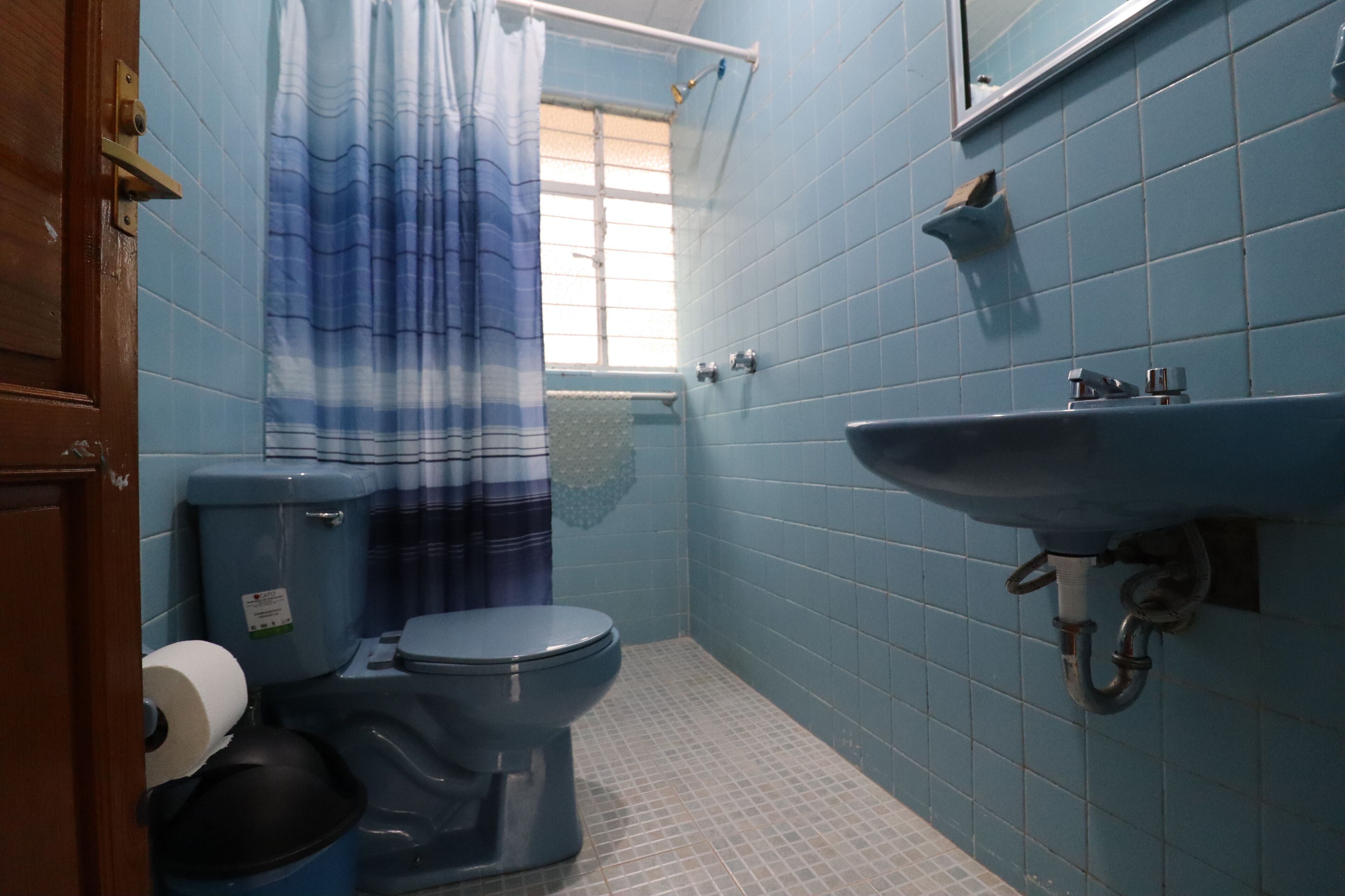 A bathroom with a toilet, sink, and shower curtain.