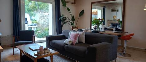 TV, fireplace, DVD player, books