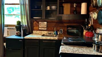 A kitchen with wooden cabinets, a countertop with various items, and a bear rug on the floor.