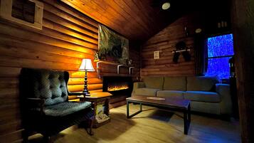 Smart TV, lareira, livros, aparelho de som