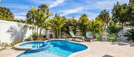 A heated pool, pool loungers