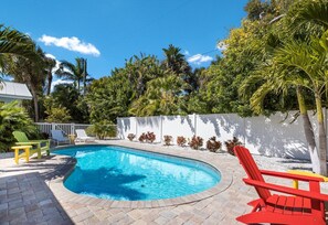A heated pool, pool loungers