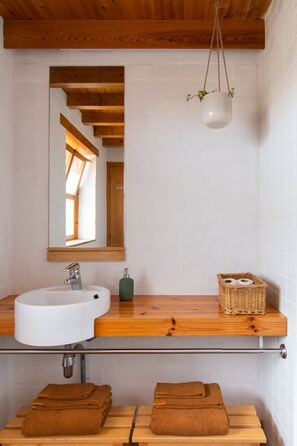 Bathroom features a sink, vanity, mirror, and hanging light fixture.