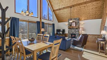 Smart TV, fireplace, books