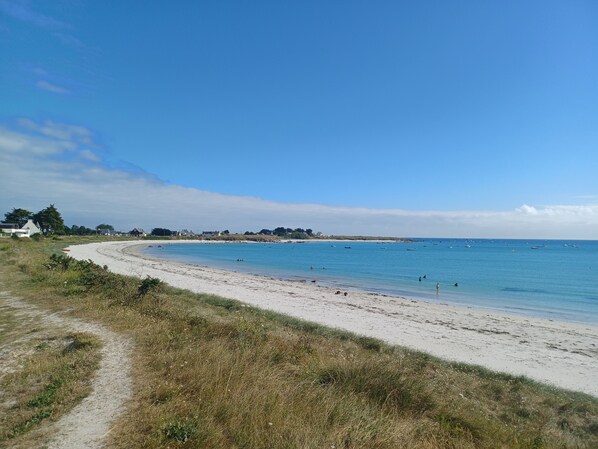 Una playa costera con un camino arenoso que conduce al agua, cielo despejado y algunos edificios a lo lejos.