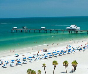 A beach with a pier extending into the ocean, numerous umbrellas, and palm trees. - Tropical Palm Retreat | Pool & Games (Seminole)