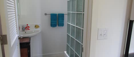 A bathroom with a white sink, a mirror, a towel rack with two towels, a shower with glass doors, and a green bath mat.