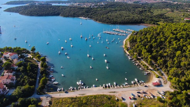 An aerial view of a coastal marina with numerous boats docked, surrounded by lush greenery and a distant cityscape.
