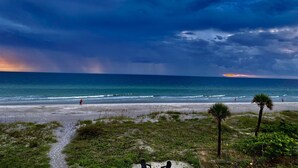 A beach with a path leading to the shore, palm trees, and a view of the ocean under a cloudy sky.