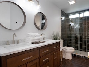Shower, hair dryer, towels, soap