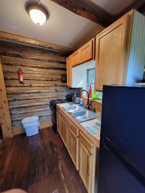 Kitchen area with a refrigerator, sink, and wooden cabinetry.