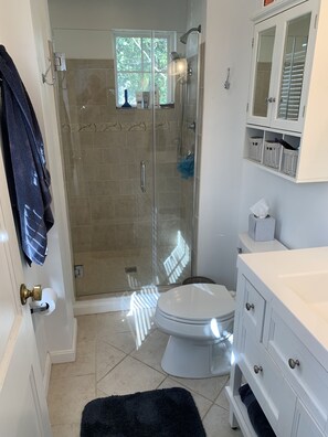 Combined shower/bathtub, towels, soap, toilet paper