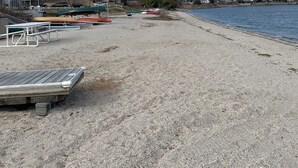 Une plage avec un sentier de gravier, des tables de pique-nique et une jetée.
