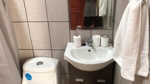 Et badeværelse med toilet, vask og spejl.