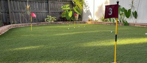 A backyard with a putting green, a wooden fence, and a white wall with a number 3 flag.