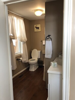 Un baño con inodoro, lavabo, espejo y ventana con cortinas.