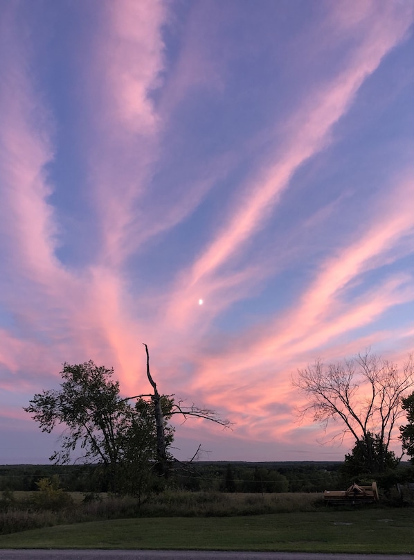 Paisaje rural con cielo despejado, una luna creciente y árboles.