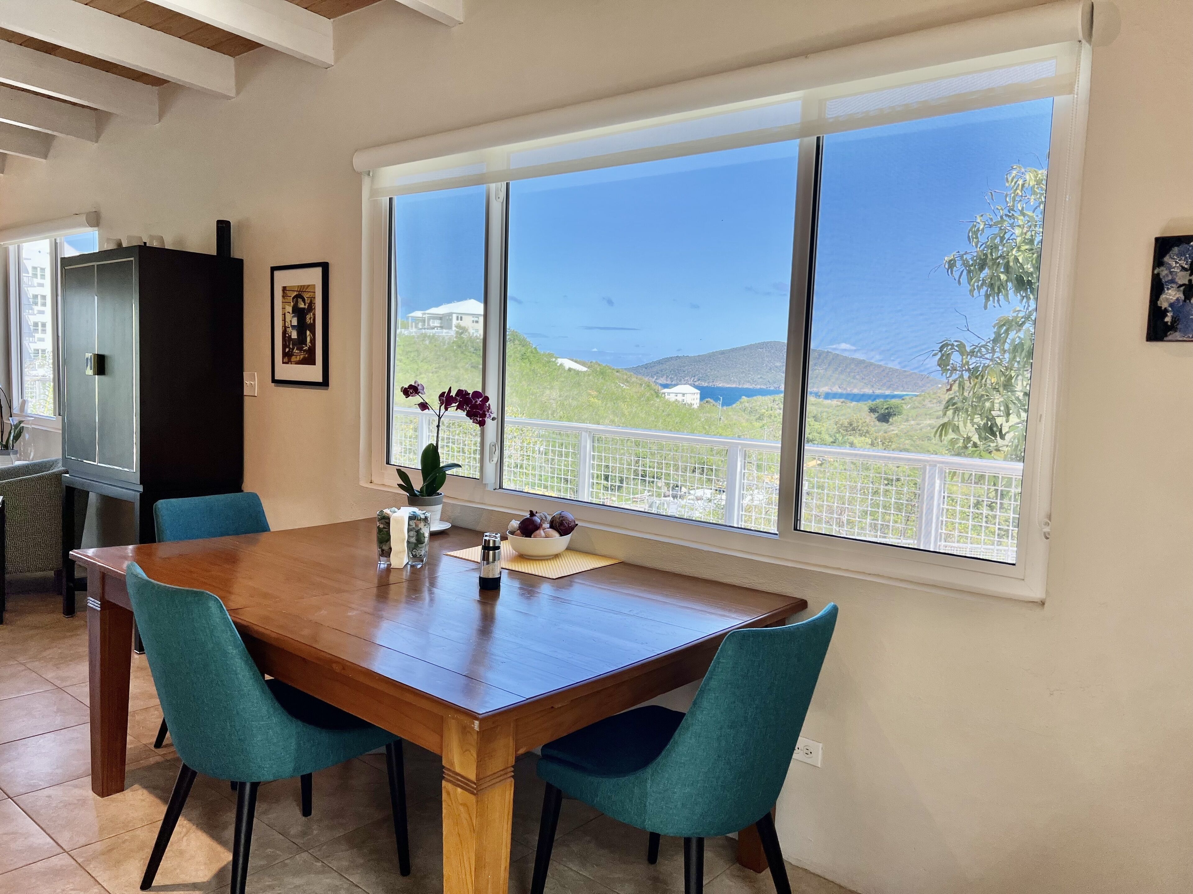 Un coin repas avec une table en bois, des chaises de couleur turquoise, une plante en pot et une fenêtre donnant sur la mer et les collines.