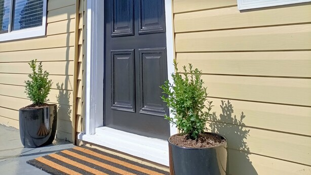 Une maison avec une porte d’entrée sombre, une boîte aux lettres et deux plantes en pot sur le porche.