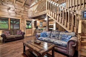 Basic Cabin | Living area | 50-inch LED TV with satellite channels, TV, fireplace