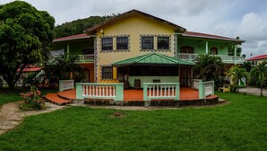 Une grande maison à deux étages, dotée d’un toit végétalisé, d’un balcon et d’une terrasse couverte.